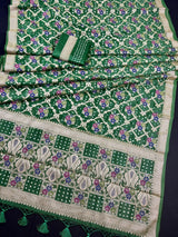 Green Banarasi Dupion Bandhej saree in banarasi semi dupion silk with bandhej tie-dye with meenakari floral & muted gold zari — Kaash Collection