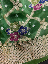 Green Banarasi Dupion Bandhej saree in banarasi semi dupion silk with bandhej tie-dye with meenakari floral & muted gold zari — Kaash Collection