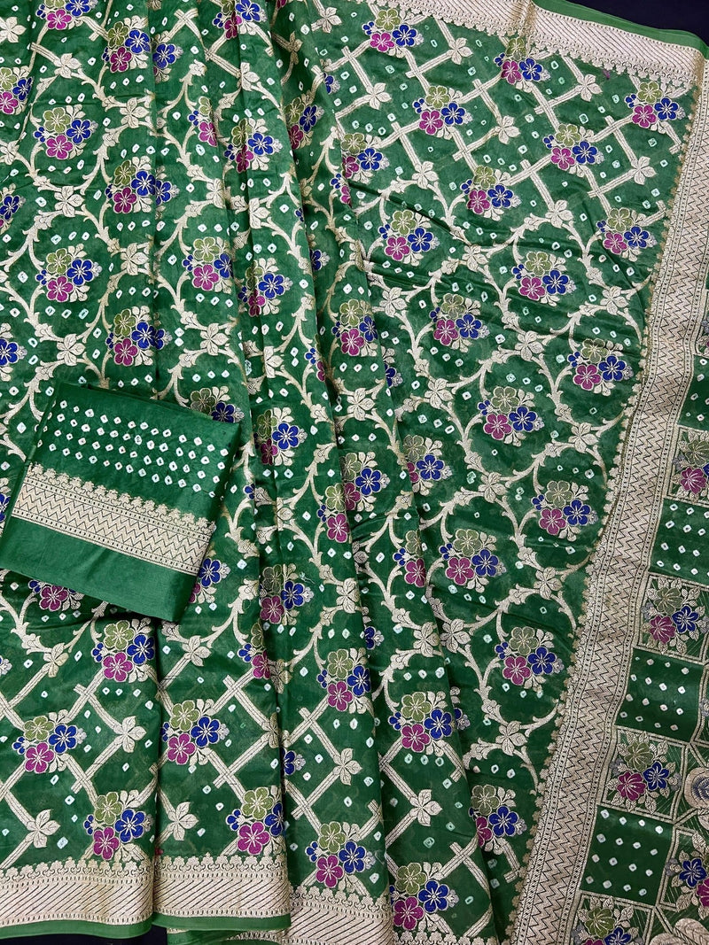 Green Banarasi Dupion Bandhej saree in banarasi semi dupion silk with bandhej tie-dye with meenakari floral & muted gold zari — Kaash Collection
