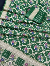Green Banarasi Dupion Bandhej saree in banarasi semi dupion silk with bandhej tie-dye with meenakari floral & muted gold zari — Kaash Collection