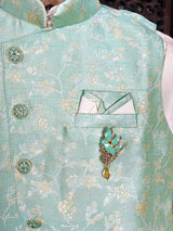 Green Color Boys 3pcs Kurta Pajama with Jacket in Floral Pattern - Kaash