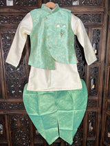 Green Color Boys 3pcs Kurta Pajama with Jacket in Floral Pattern - Kaash