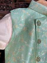 Green Color Boys 3pcs Kurta Pajama with Jacket in Floral Pattern - Kaash