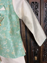 Green Color Boys 3pcs Kurta Pajama with Jacket in Floral Pattern - Kaash