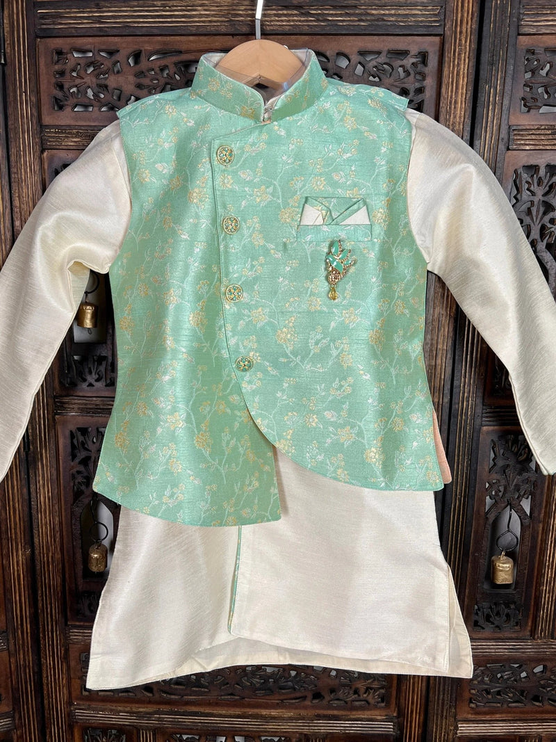 Green Color Boys 3pcs Kurta Pajama with Jacket in Floral Pattern - Kaash