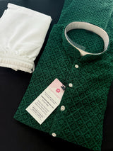 Green Color Chikankari Lucknowi Georgette Men Kurta Pajama Set with Lining - Kaash