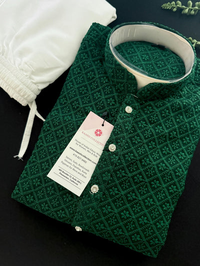 Green men's kurta pajama in georgette with lucknowi chikankari embroidery — Kaash Collection