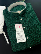 Green Color Chikankari Lucknowi Georgette Men Kurta Pajama Set with Lining - Kaash