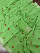 Green Cotton Tissue saree in cotton with floral embroidery with tissue borders — Kaash Collection