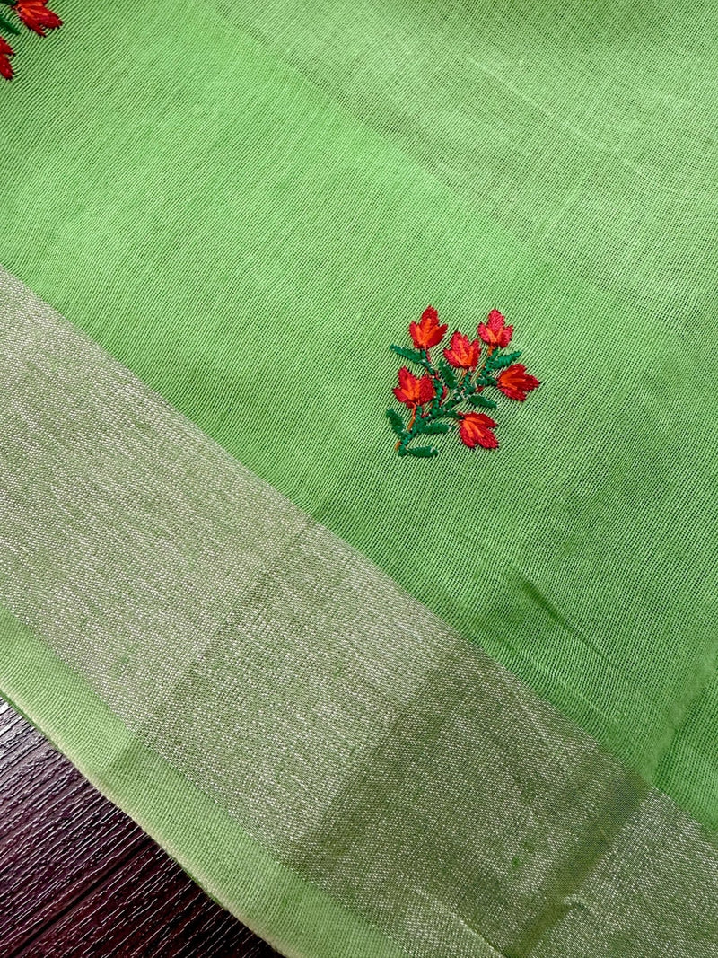 Green Cotton Tissue saree in cotton with floral embroidery with tissue borders — Kaash Collection