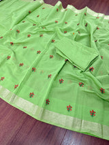 Green Cotton Tissue saree in cotton with floral embroidery with tissue borders — Kaash Collection