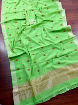 Green Cotton Tissue saree in cotton with floral embroidery with tissue borders — Kaash Collection