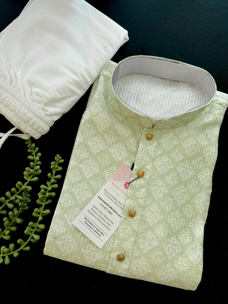Light Green / Pastel Green men's kurta pajama in soft butter silk with floral digital prints with thread & sequin — Kaash Collection