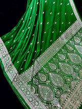 Green Banarasi saree in handloom banarasi mashru saree with muted gold zari on mashru handloom — Kaash Collection