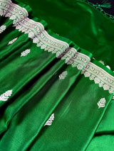 Green Banarasi saree in handloom banarasi mashru saree with muted gold zari on mashru handloom — Kaash Collection
