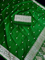 Green Banarasi saree in handloom banarasi mashru saree with muted gold zari on mashru handloom — Kaash Collection