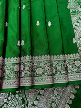 Green Banarasi saree in handloom banarasi mashru saree with muted gold zari on mashru handloom — Kaash Collection