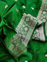 Green Banarasi saree in handloom banarasi mashru saree with muted gold zari on mashru handloom — Kaash Collection