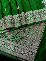 Green Banarasi saree in handloom banarasi mashru saree with muted gold zari on mashru handloom — Kaash Collection