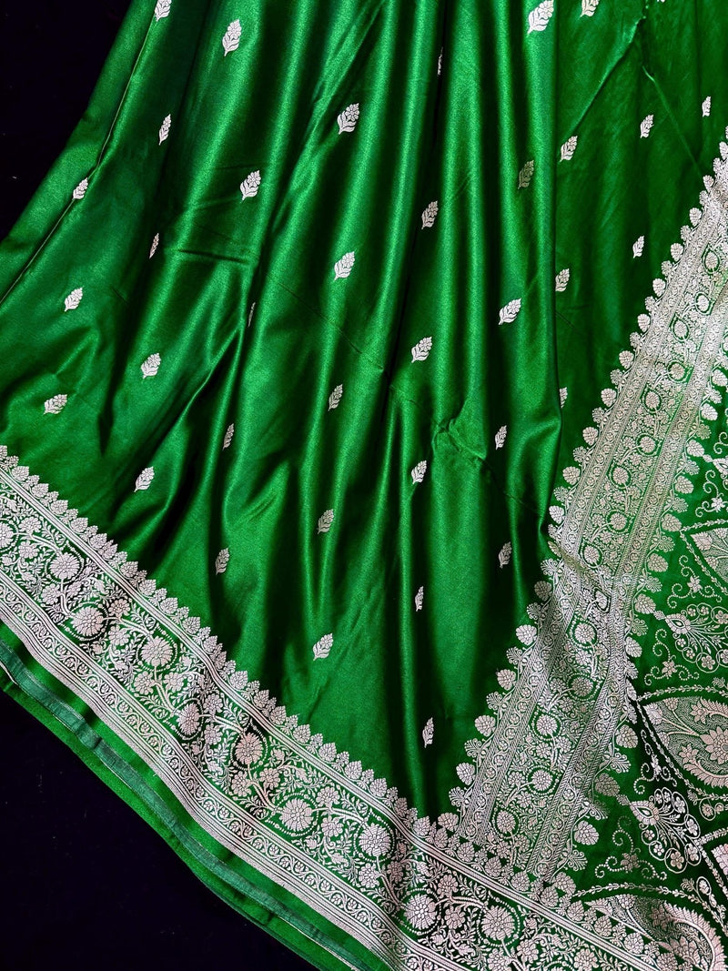 Green Banarasi saree in handloom banarasi mashru saree with muted gold zari on mashru handloom — Kaash Collection