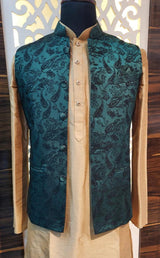 Green with Black Thread men's Nehru/Modi jacket in soft silk with black thread embroidery (parsley design) — Kaash Collection