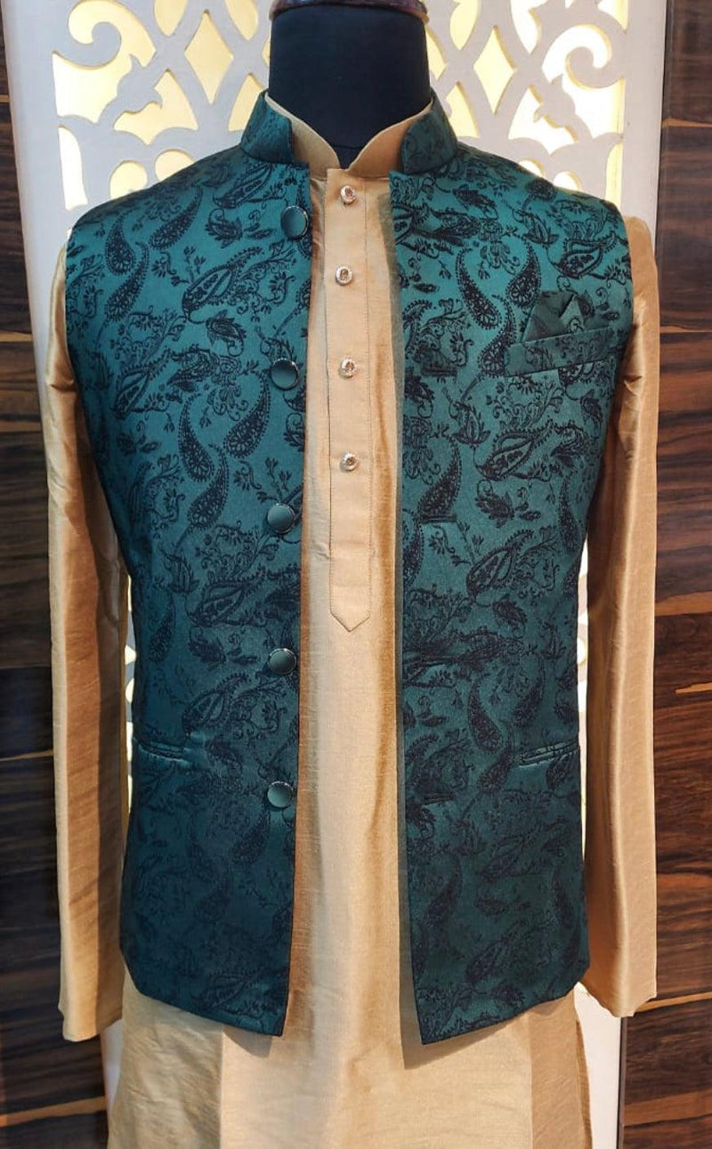 Green with Black Thread men's Nehru/Modi jacket in soft silk with black thread embroidery (parsley design) — Kaash Collection