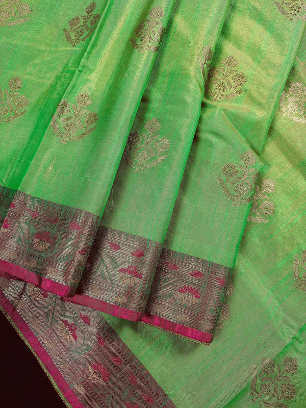 Green Color Soft Banarasi Cotton Tissue Silk Saree with Antqiue Zari | Floral Buttas | Cotton Silk Sarees | Paithani Style Borders - Kaash