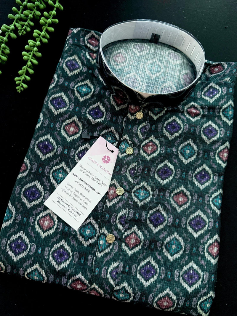 Green Ikkat men's kurta pajama in soft silk (non-pure, crepe-like) with ikkat digital print — Kaash Collection