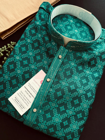 Green men's kurta pajama in soft satin silk with zari butti weave with cotton lining — Kaash Collection