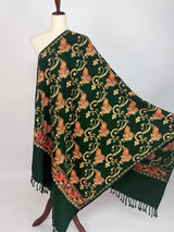 Bottle Green pashmina wool Kashmiri shawl with floral aari embroidery — Kaash Collection