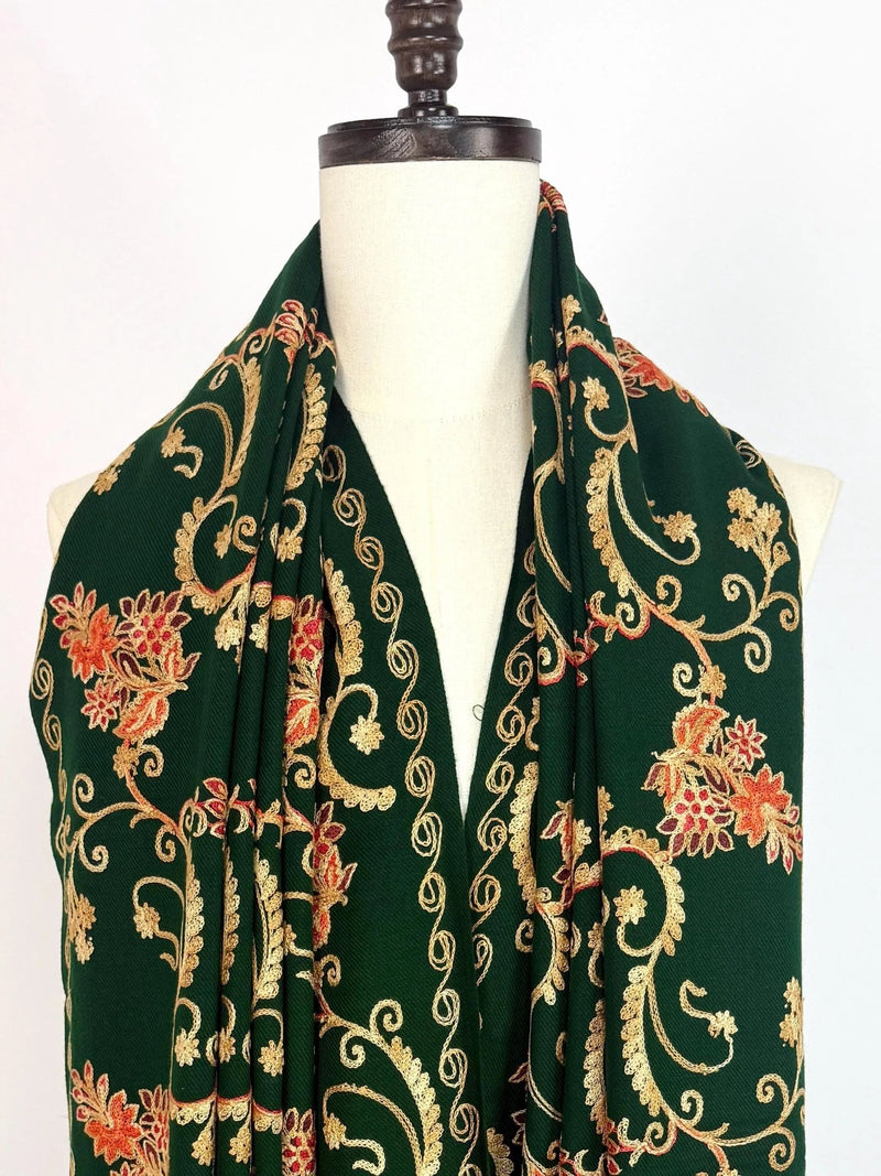 Bottle Green pashmina wool Kashmiri shawl with floral aari embroidery — Kaash Collection