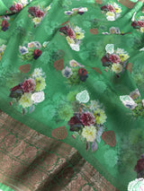 Silk Mark Certified Green Pure Banarasi Kora saree in pure banarasi kora organza silk with antique & silver zari handwoven — Kaash Collection