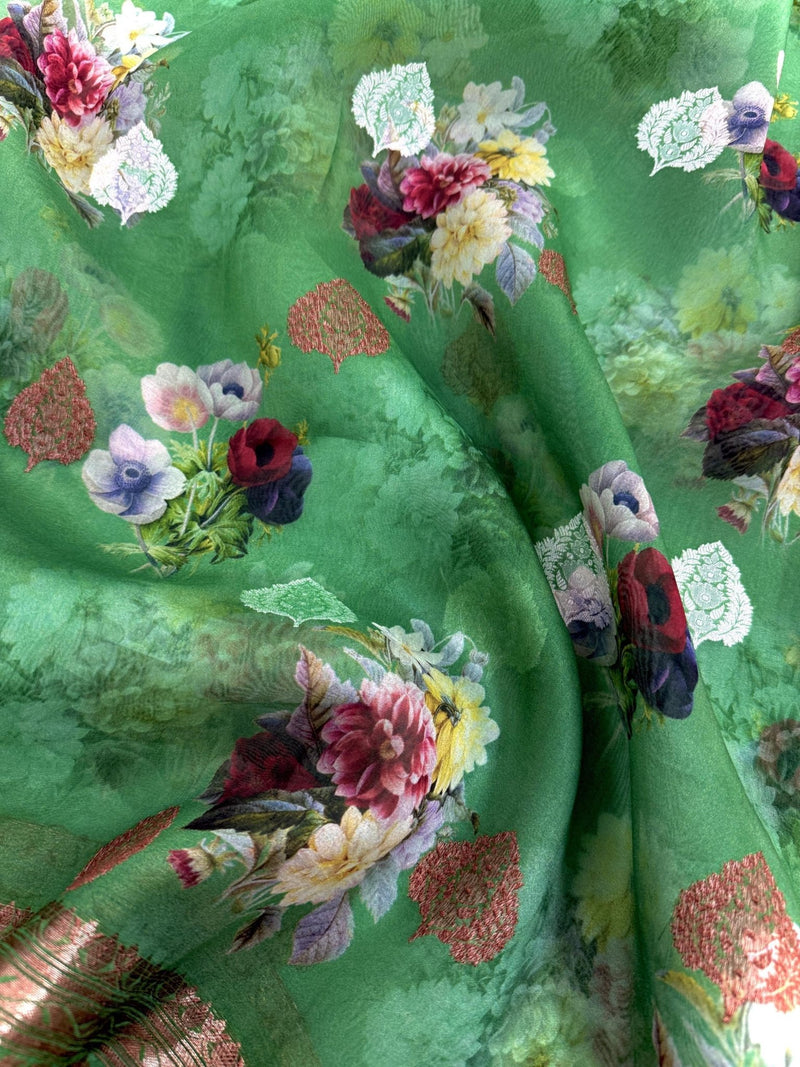 Silk Mark Certified Green Pure Banarasi Kora saree in pure banarasi kora organza silk with antique & silver zari handwoven — Kaash Collection