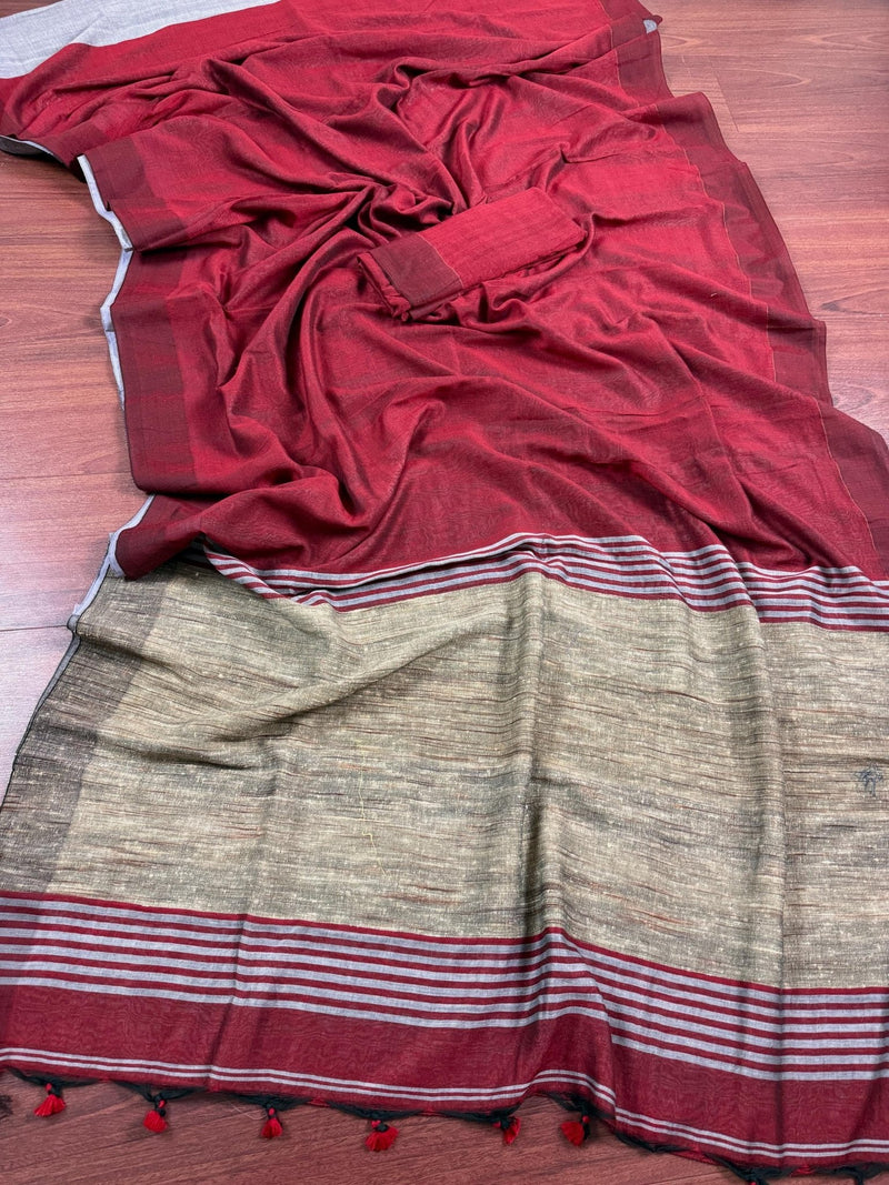 Grey and Maroon Linen Double Tone Saree with Ghicha Pallu - Kaash