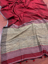 Grey and Maroon Linen Double Tone Saree with Ghicha Pallu - Kaash