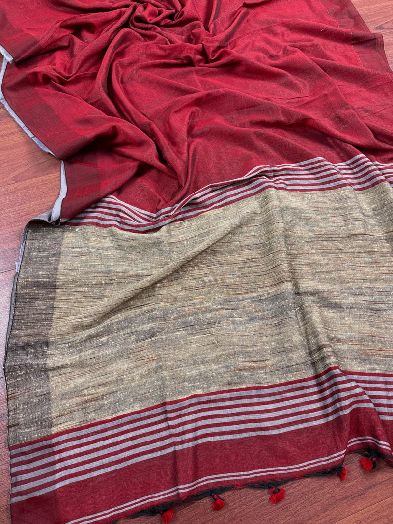 Grey and Maroon Linen Double Tone Saree with Ghicha Pallu - Kaash