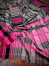 Grey Begumpuri Khaadi Striped saree in begumpuri pure khaadi cotton with stripes with temple-style borders — Kaash Collection