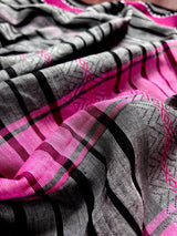 Grey Begumpuri Khaadi Striped saree in begumpuri pure khaadi cotton with stripes with temple-style borders — Kaash Collection