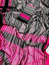 Grey Begumpuri Khaadi Striped saree in begumpuri pure khaadi cotton with stripes with temple-style borders — Kaash Collection