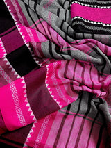 Grey Begumpuri Khaadi Striped saree in begumpuri pure khaadi cotton with stripes with temple-style borders — Kaash Collection