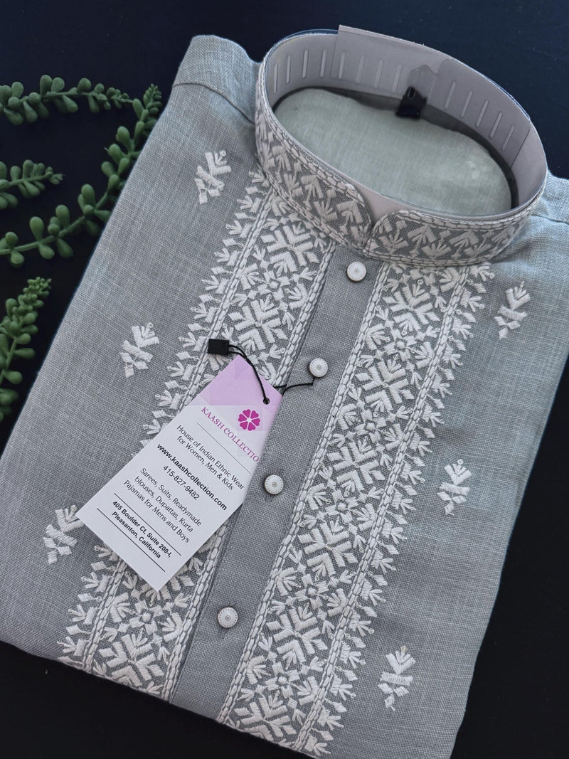 Grey Color 100 Percent Premium Cotton Kurta with Pajama - Kaash