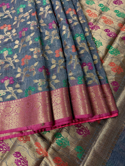 Grey Color Banarasi Atlifi Saree with Antique Zari Weave Work - Kaash