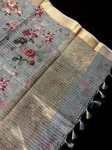 Grey Kora in Checks Pattern saree in banarasi kora organza silk with checks pattern with silver zari & digital floral — Kaash Collection