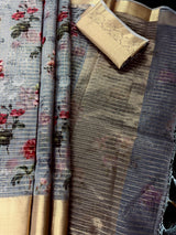 Grey Kora in Checks Pattern saree in banarasi kora organza silk with checks pattern with silver zari & digital floral — Kaash Collection