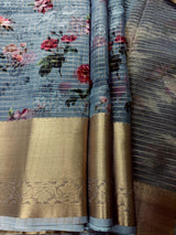 Grey Kora in Checks Pattern saree in banarasi kora organza silk with checks pattern with silver zari & digital floral — Kaash Collection