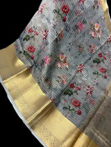 Grey Kora in Checks Pattern saree in banarasi kora organza silk with checks pattern with silver zari & digital floral — Kaash Collection