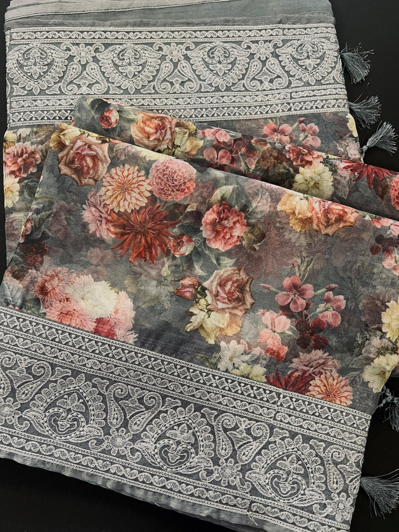 Grey Color Banarasi Organza Kora Silk Saree with Floral Digital Prints and Embroidery Work - Kaash