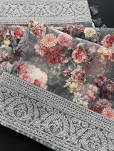 Grey Color Banarasi Organza Kora Silk Saree with Floral Digital Prints and Embroidery Work - Kaash