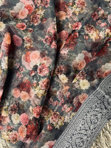 Grey Color Banarasi Organza Kora Silk Saree with Floral Digital Prints and Embroidery Work - Kaash