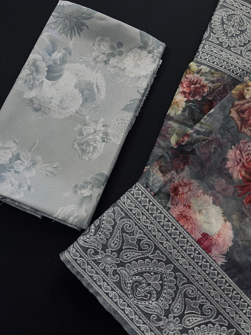 Grey Color Banarasi Organza Kora Silk Saree with Floral Digital Prints and Embroidery Work | Handmade Sarees | Embroidery Sarees - Kaash